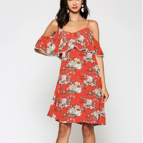 Orange Floral Off-shoulder Spring Dress - Picture 6 of 7